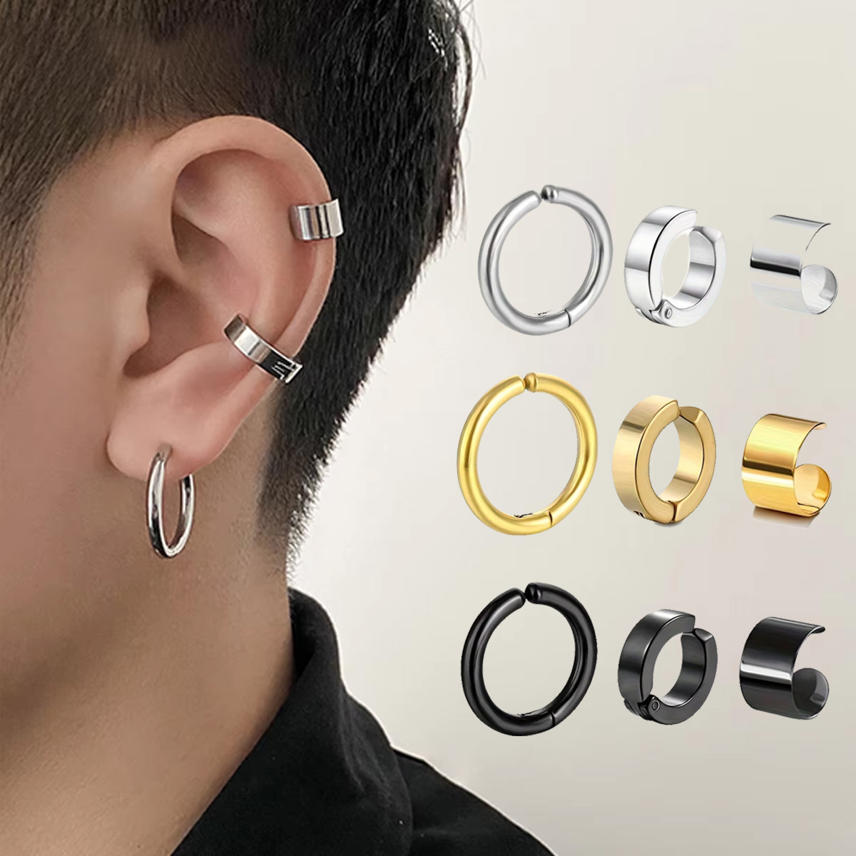 Street Fashion Earrings - 3pcs/Set Punk Rock Non-Piercing Huggie Hoop