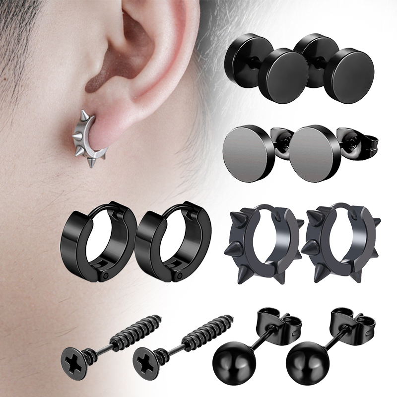 6 Pairs Black Unisex Earrings  - Street Fashion Earrings 评论和价格